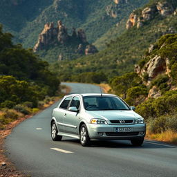 A hyper-realistic scene depicting a silver 2004 Opel Astra hatchback peacefully cruising through the wild Australian mountains