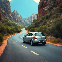 A hyper-realistic scene depicting a silver 2004 Opel Astra hatchback peacefully cruising through the wild Australian mountains