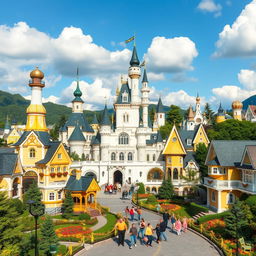 A magical Disneyland-inspired theme park set in a picturesque Scandinavian city with elements from Sweden, Finland, and Norway