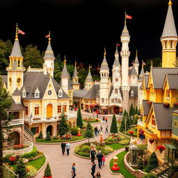 A magical Disneyland-inspired theme park set in a picturesque Scandinavian city with elements from Sweden, Finland, and Norway