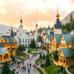 A magical Disneyland-inspired theme park set in a picturesque Scandinavian city with elements from Sweden, Finland, and Norway