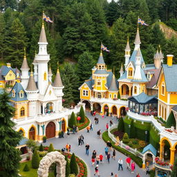 A magical Disneyland-inspired theme park set in a picturesque Scandinavian city with elements from Sweden, Finland, and Norway