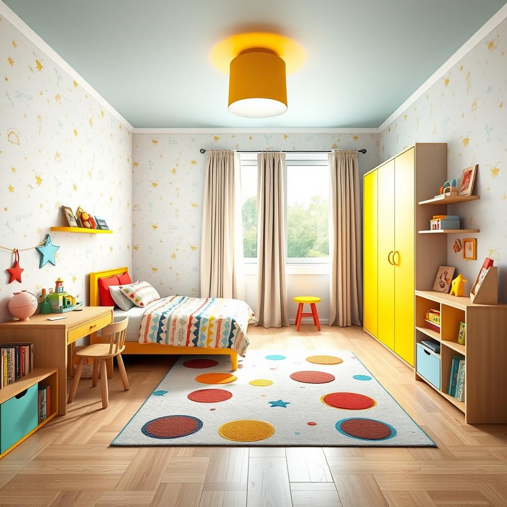 A child's room design in a 12-square-meter space, featuring a colorful and playful theme