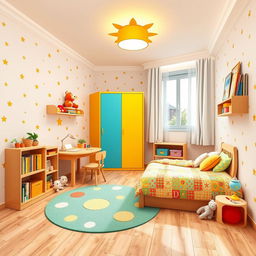 A child's room design in a 12-square-meter space, featuring a colorful and playful theme