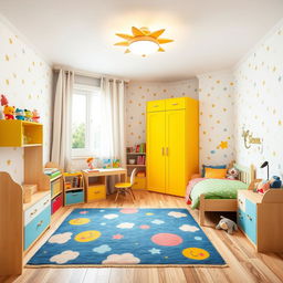 A child's room design in a 12-square-meter space, featuring a colorful and playful theme