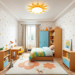 A child's room design in a 12-square-meter space, featuring a colorful and playful theme