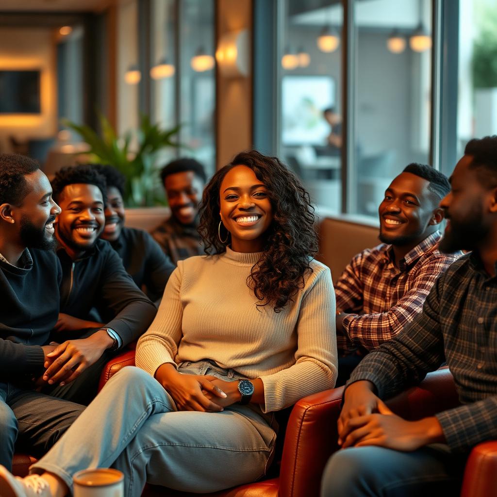 A woman sitting comfortably and confidently in a relaxed pose, surrounded by a diverse group of black men