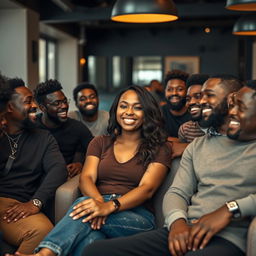 A woman sitting comfortably and confidently in a relaxed pose, surrounded by a diverse group of black men