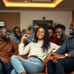 A woman sitting comfortably and confidently in a relaxed pose, surrounded by a diverse group of black men