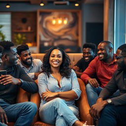 A woman sitting comfortably and confidently in a relaxed pose, surrounded by a diverse group of black men