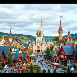 A vibrant Scandinavian-themed Disneyland set in a cityscape representing the essence of Sweden, Finland, and Norway