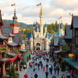 A magical Scandinavian-inspired Disneyland set in an Eastern-themed city, blending cultural elements from Sweden, Finland, Norway, and Eastern influences