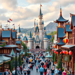 A magical Scandinavian-inspired Disneyland set in an Eastern-themed city, blending cultural elements from Sweden, Finland, Norway, and Eastern influences