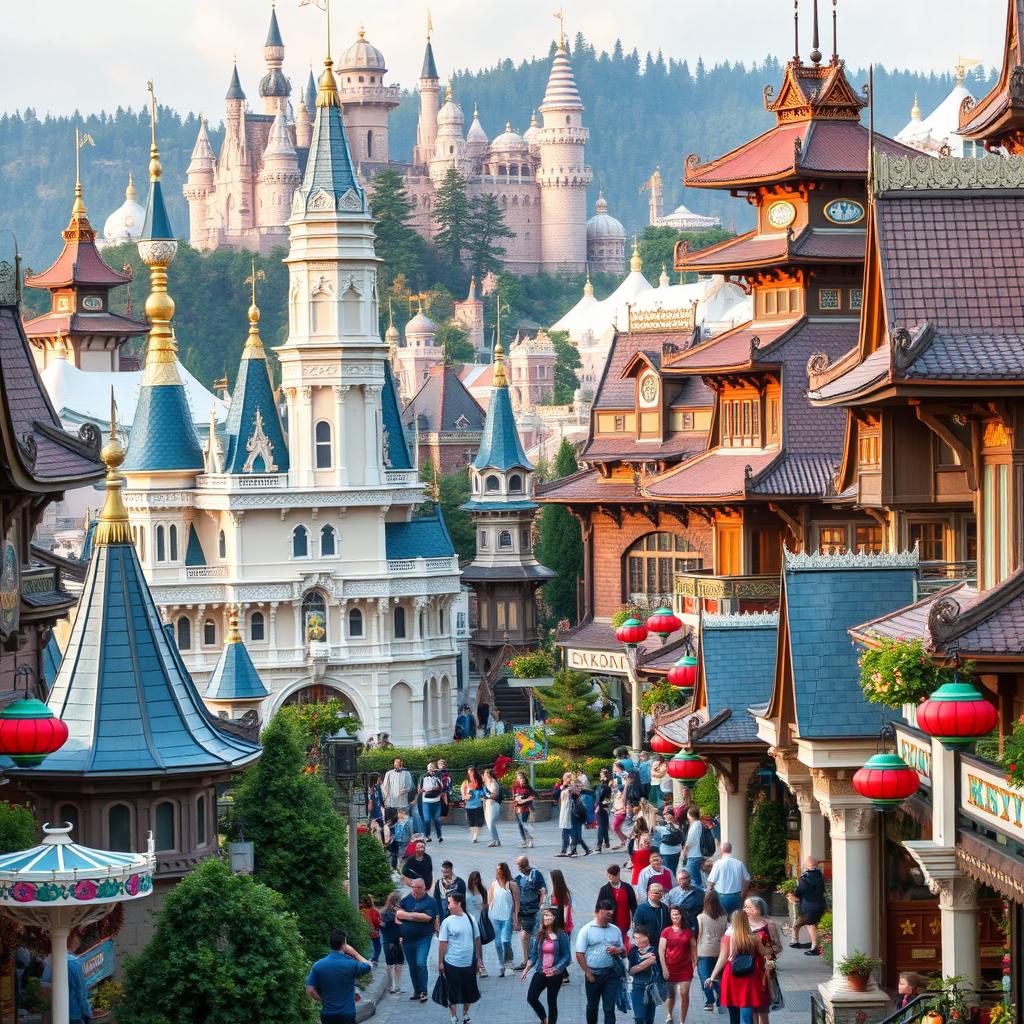 A magical Scandinavian-inspired Disneyland set in an Eastern-themed city, blending cultural elements from Sweden, Finland, Norway, and Eastern influences