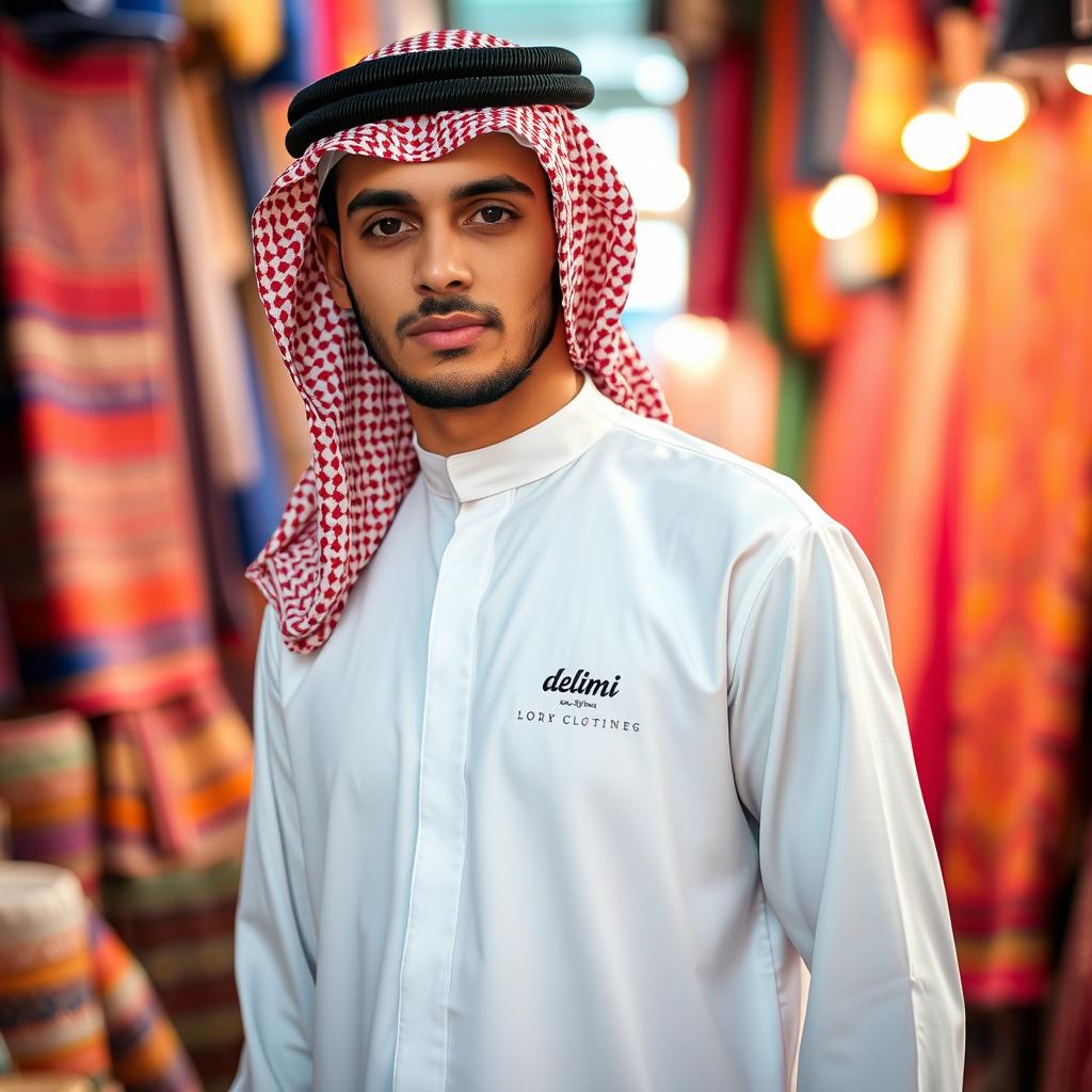 An Arab young man wearing traditional Arab clothing, such as a white thobe and a red-and-white checkered keffiyeh, with an ornate agal