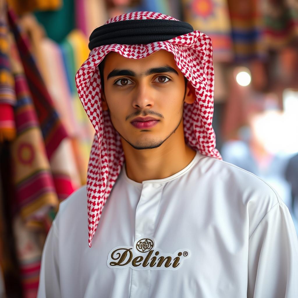 An Arab young man wearing traditional Arab clothing, such as a white thobe and a red-and-white checkered keffiyeh, with an ornate agal