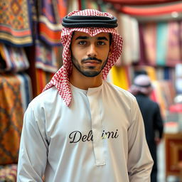 An Arab young man wearing traditional Arab clothing, such as a white thobe and a red-and-white checkered keffiyeh, with an ornate agal