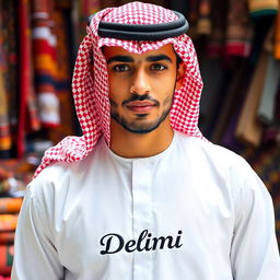 An Arab young man wearing traditional Arab clothing, such as a white thobe and a red-and-white checkered keffiyeh, with an ornate agal