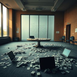 A cinematic film poster depicting a dramatic scene in a large room with a knocked-down round table