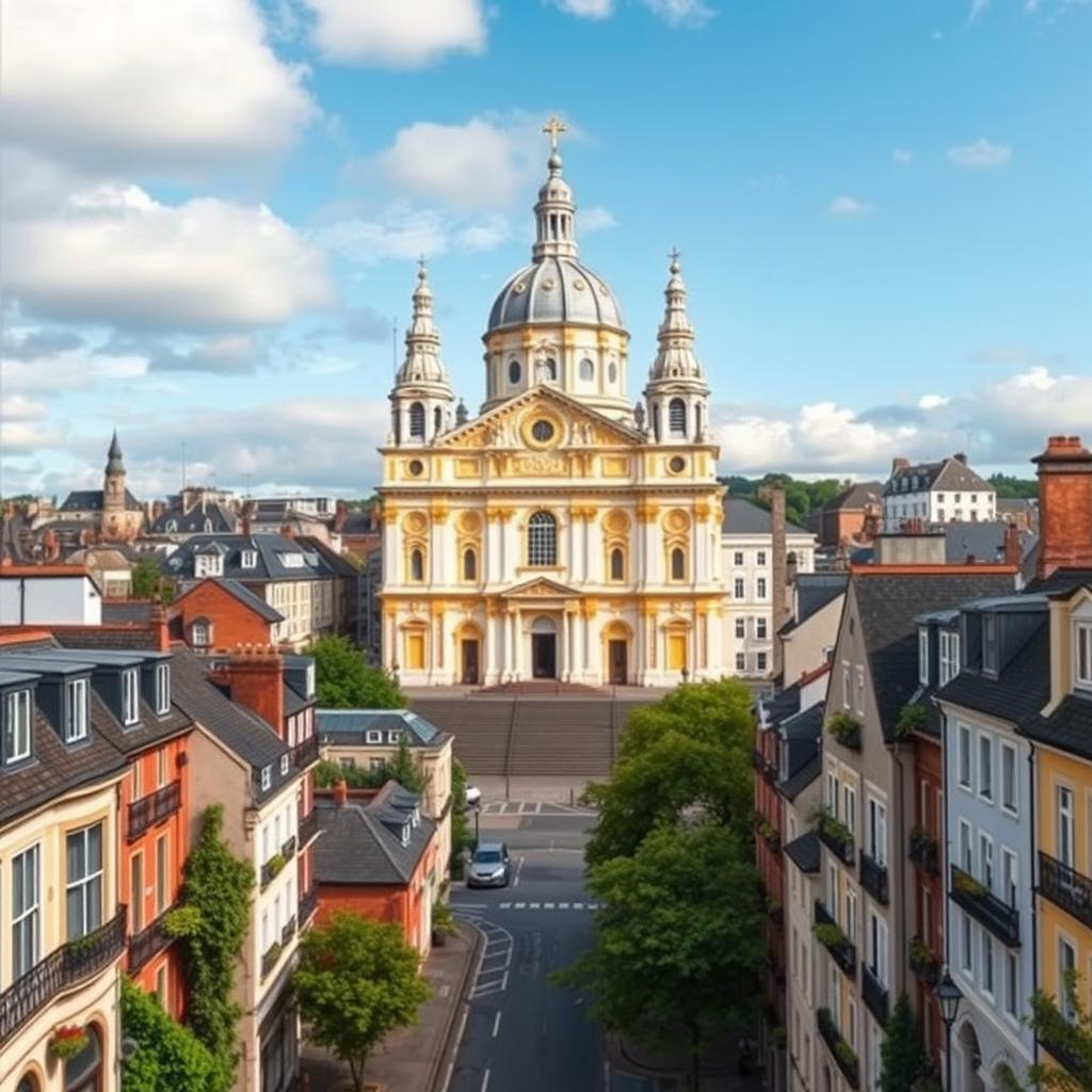 A striking European cityscape inspired by the Isle of Man, United Kingdom, and Ireland, featuring an impressive basilica as the focal point