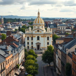 A striking European cityscape inspired by the Isle of Man, United Kingdom, and Ireland, featuring an impressive basilica as the focal point