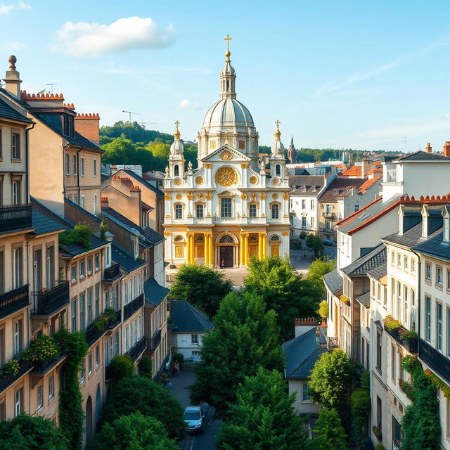 A striking European cityscape inspired by the Isle of Man, United Kingdom, and Ireland, featuring an impressive basilica as the focal point