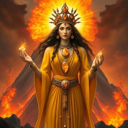 The Goddess of Fire is portrayed in a mystical and fantastical art style, adorned in a vibrant yellow dress that echoes the fiery glow of her domain