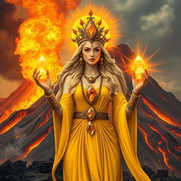 The Goddess of Fire is portrayed in a mystical and fantastical art style, adorned in a vibrant yellow dress that echoes the fiery glow of her domain