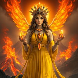 The Goddess of Fire is portrayed in a mystical and fantastical art style, adorned in a vibrant yellow dress that echoes the fiery glow of her domain