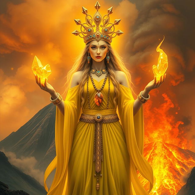 The Goddess of Fire is portrayed in a mystical and fantastical art style, adorned in a vibrant yellow dress that echoes the fiery glow of her domain