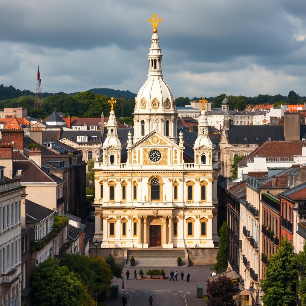 A striking European cityscape inspired by the Isle of Man, United Kingdom, and Ireland, featuring an impressive basilica as the focal point