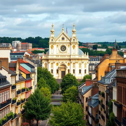 A striking European cityscape inspired by the Isle of Man, United Kingdom, and Ireland, featuring an impressive basilica as the focal point