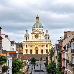 A striking European cityscape inspired by the Isle of Man, United Kingdom, and Ireland, featuring an impressive basilica as the focal point