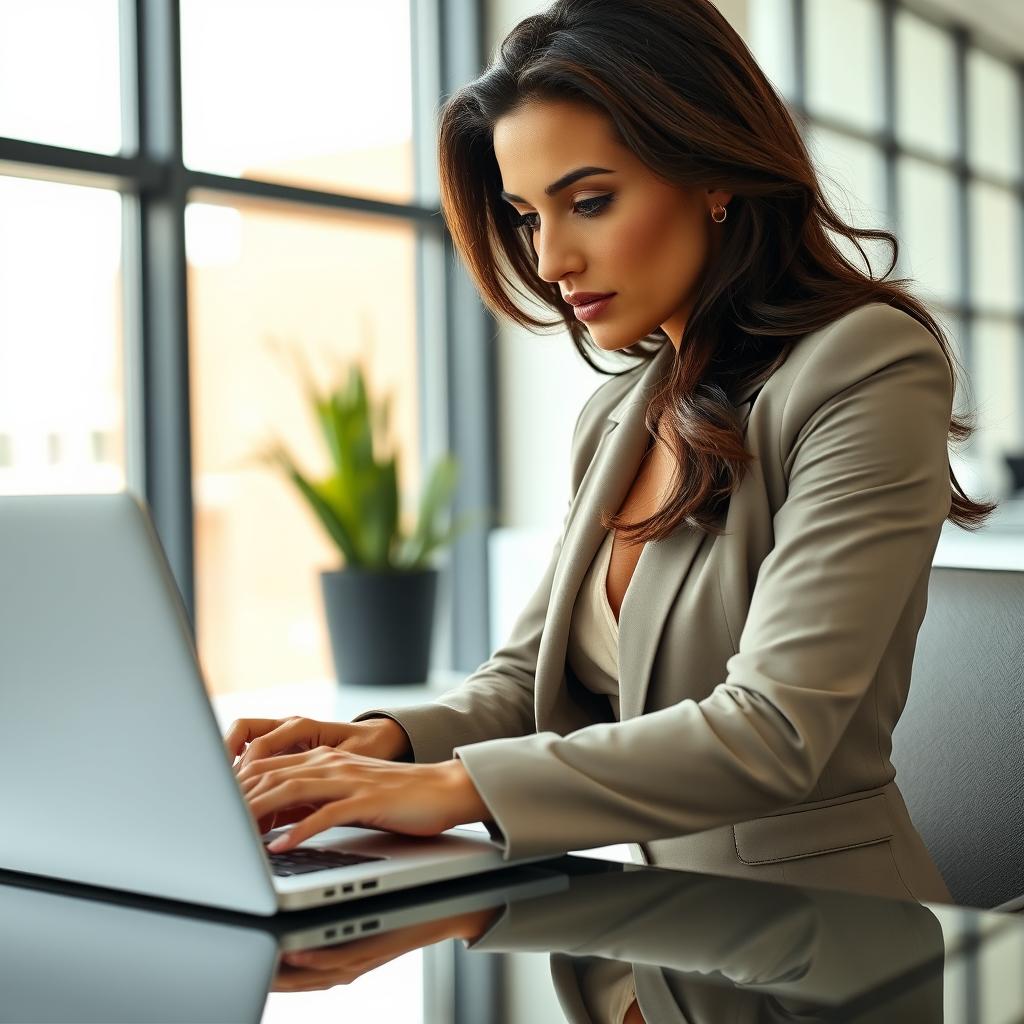 A 30-year-old fit and very tanned brunette woman working intently on a laptop at an office desk