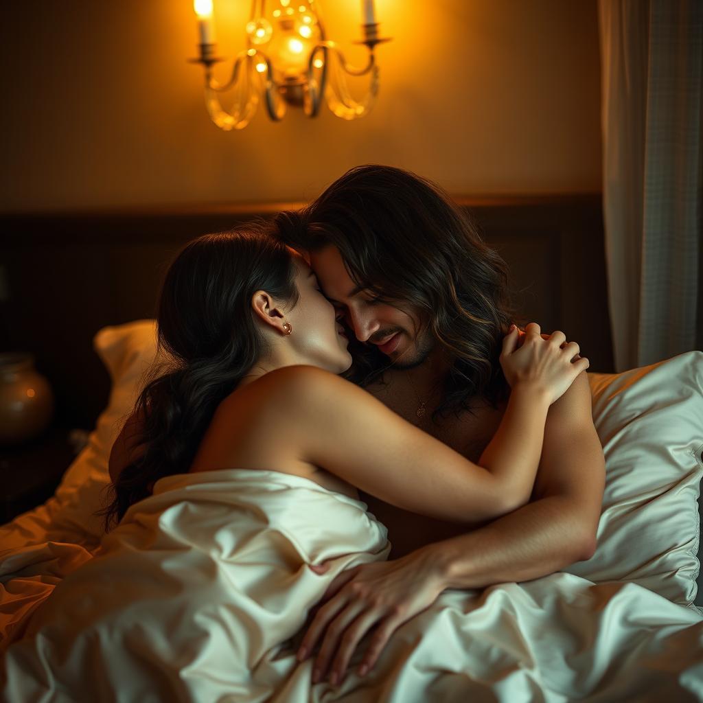 A passionate, sensual scene with two consenting adults in an intimate, loving embrace, depicted in an artistic and tasteful manner, in a luxurious, dimly-lit setting with silk sheets and soft ambient lighting