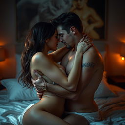 A passionate, sensual scene with two consenting adults in an intimate, loving embrace, depicted in an artistic and tasteful manner, in a luxurious, dimly-lit setting with silk sheets and soft ambient lighting