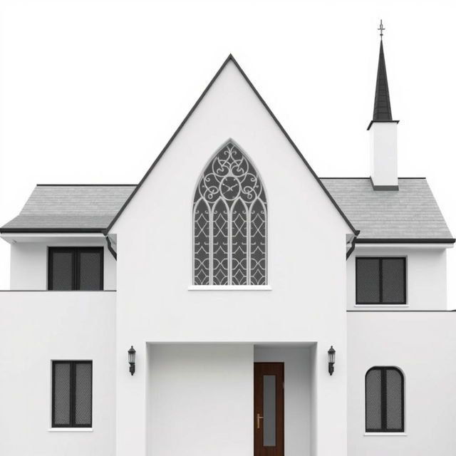 A modern house with a minimalist, sleek design, featuring three distinct Gothic architectural elements