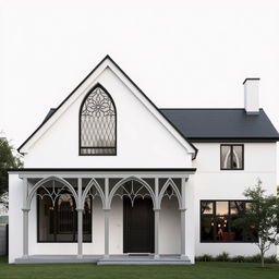 A modern house with a minimalist, sleek design, featuring three distinct Gothic architectural elements