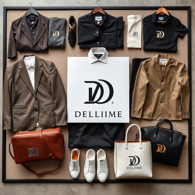 A stylish display showcasing clothing, shoes, and bags featuring the Delimi logo, which elegantly intertwines the letters D and L