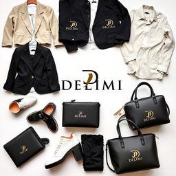 A stylish display showcasing clothing, shoes, and bags featuring the Delimi logo, which elegantly intertwines the letters D and L