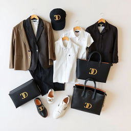 A stylish display showcasing clothing, shoes, and bags featuring the Delimi logo, which elegantly intertwines the letters D and L