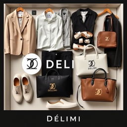 A stylish display showcasing clothing, shoes, and bags featuring the Delimi logo, which elegantly intertwines the letters D and L