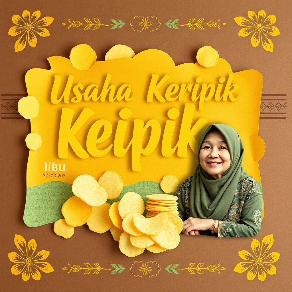 A decorative title image for "Usaha Keripik Ibu Enih" featuring sliced paper resembling chips and traditional motifs from a specific region