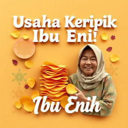 A decorative title image for "Usaha Keripik Ibu Enih" featuring sliced paper resembling chips and traditional motifs from a specific region