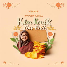 A decorative title image for "Usaha Keripik Ibu Enih" featuring sliced paper resembling chips and traditional motifs from a specific region