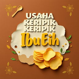 A decorative title image for "Usaha Keripik Ibu Enih" featuring sliced paper resembling chips and traditional motifs from a specific region