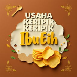 A decorative title image for "Usaha Keripik Ibu Enih" featuring sliced paper resembling chips and traditional motifs from a specific region