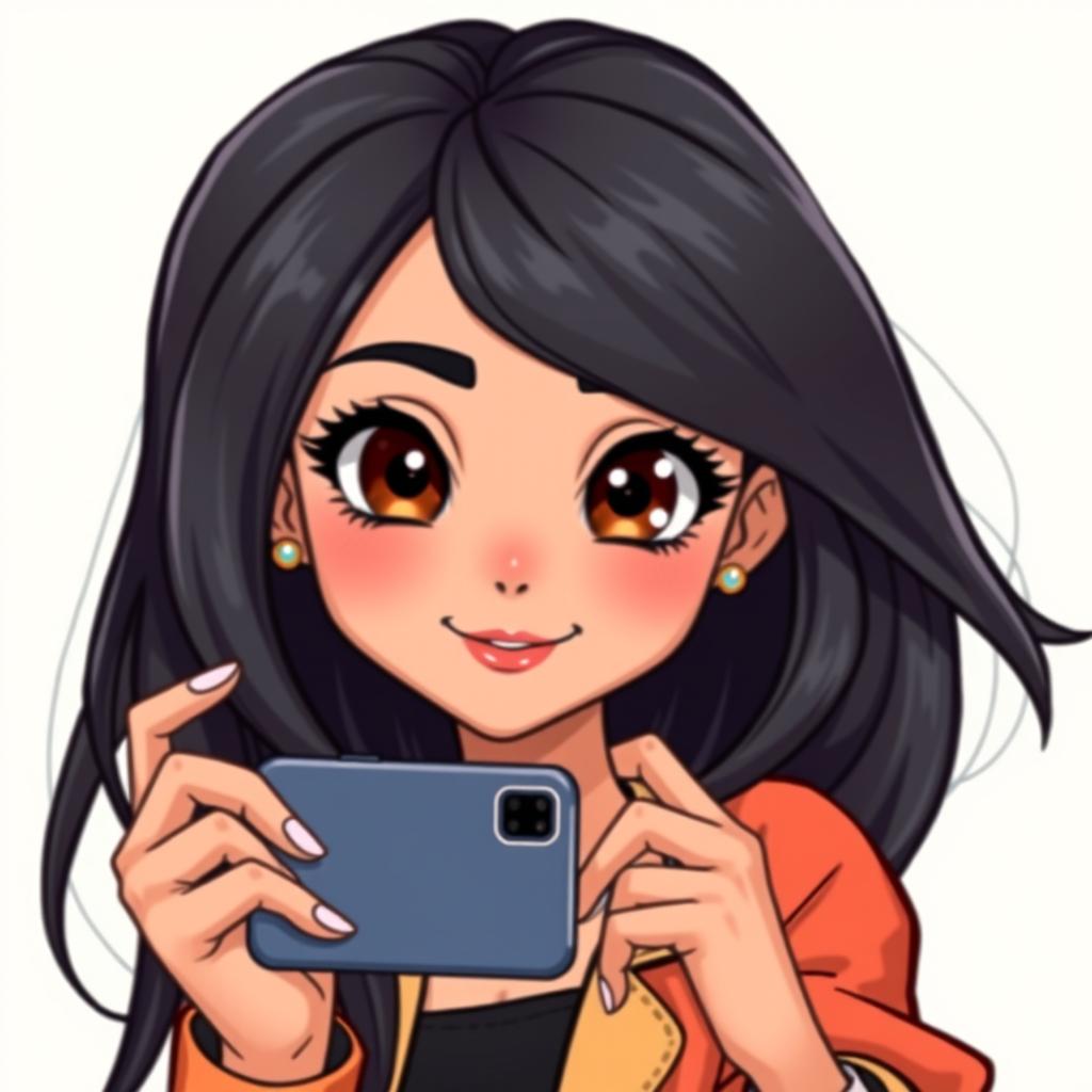 Anime-style drawing of a Latina girl with black hair, taking a selfie