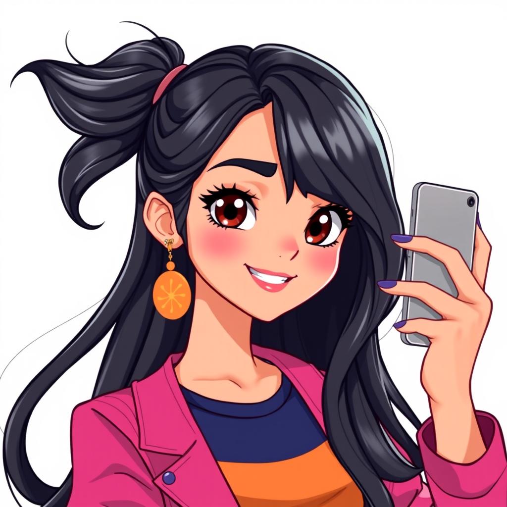 Anime-style drawing of a Latina girl with black hair, taking a selfie