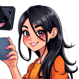 Anime-style drawing of a Latina girl with black hair, taking a selfie